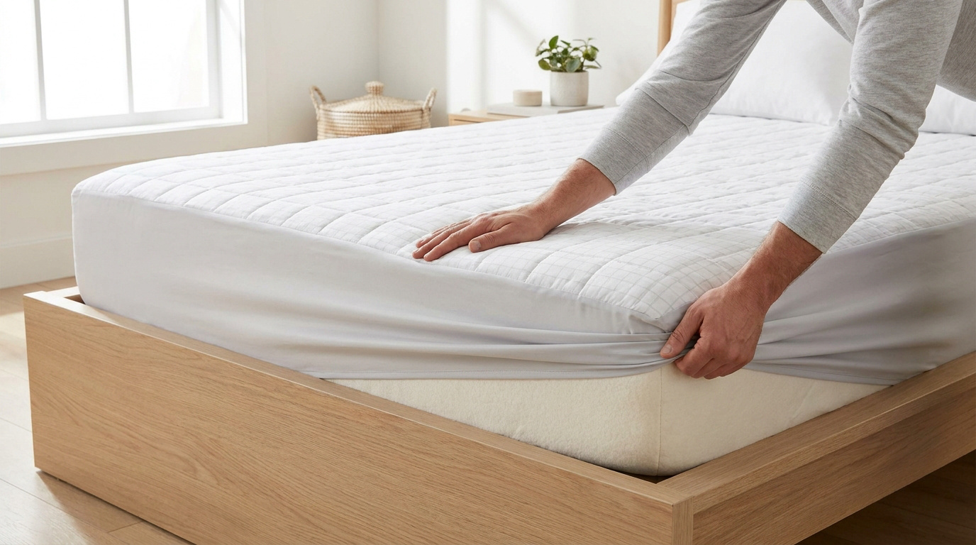 Une personne installe une alèse blanche protectrice sur un matelas posé sur un cadre de lit en bois clair.