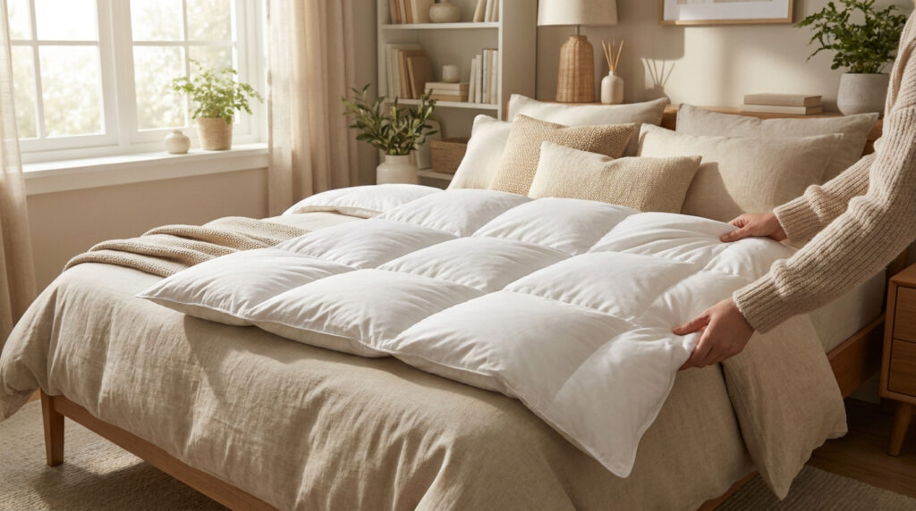 Une personne ajuste une couette blanche à compartiments sur un lit fait avec du linge de maison beige dans une chambre.