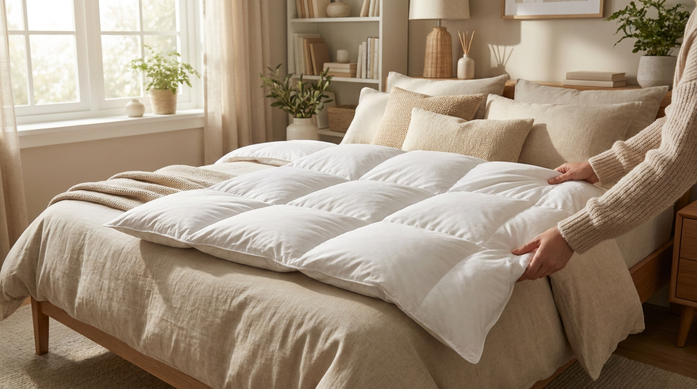 Une personne ajuste une couette blanche à compartiments sur un lit fait avec du linge de maison beige dans une chambre.