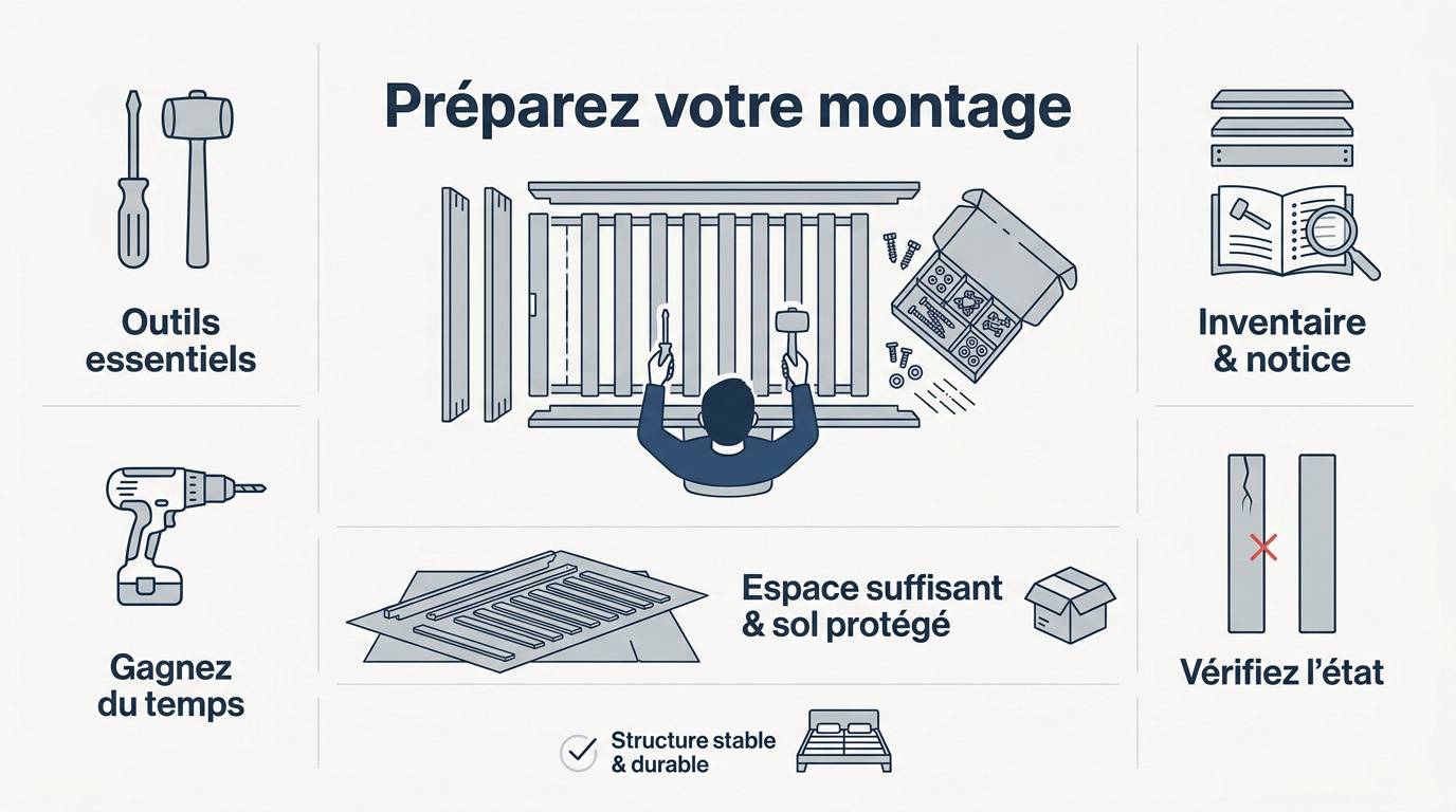 Préparation des outils et des pièces pour le montage d'un sommier en kit