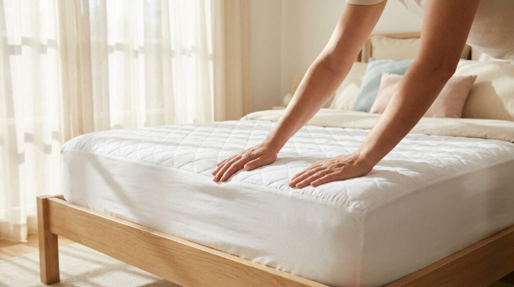 Une personne installe une alèse matelassée blanche sur un lit en bois dans une chambre lumineuse.