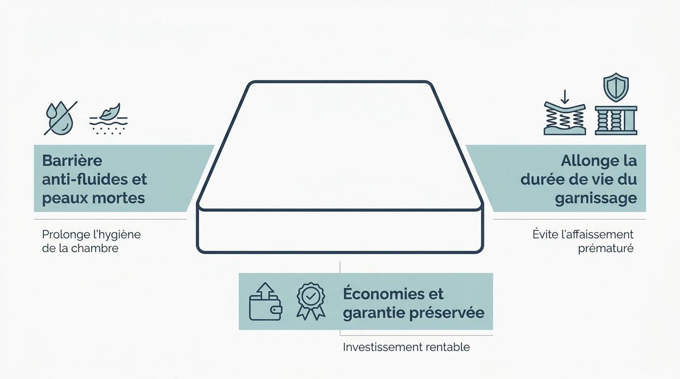 Protège-matelas blanc posé sur une literie propre illustrant l'hygiène et la durabilité