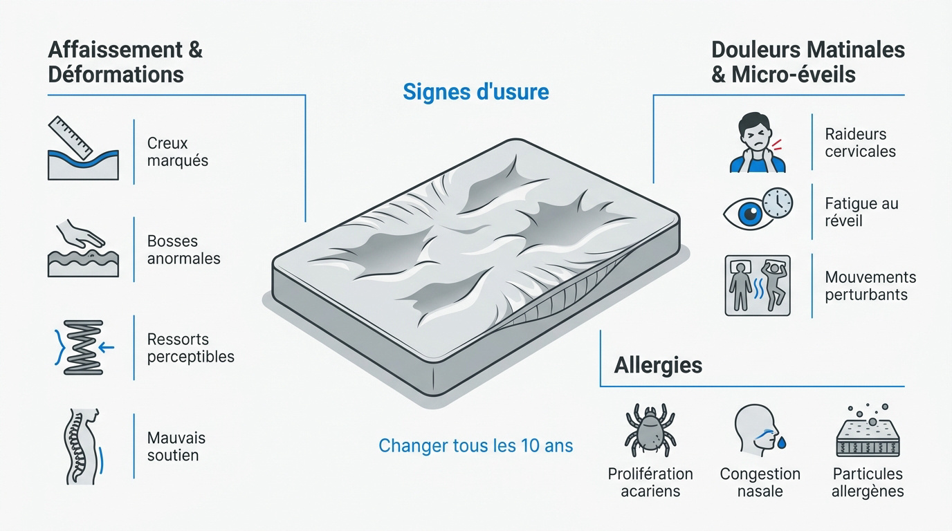 Signes d'usure visibles sur un matelas affaissé montrant des creux et déformations