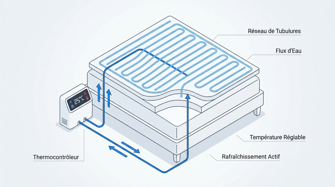 Coupe transversale d'un sur-matelas climatisé montrant les tubulures en silicone