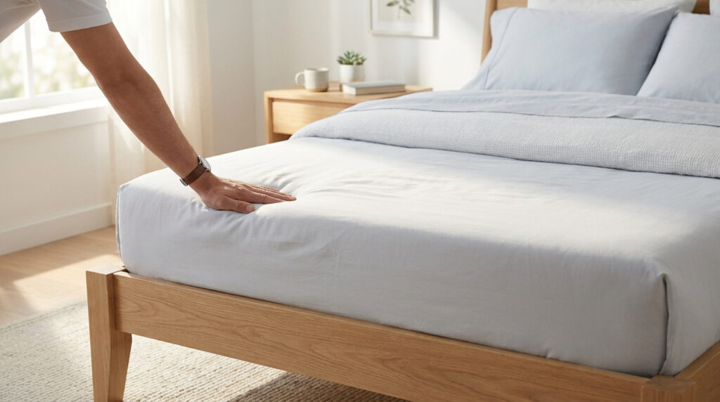 Une personne pose sa main sur un matelas pour tester sa fermeté dans une chambre lumineuse et minimaliste.