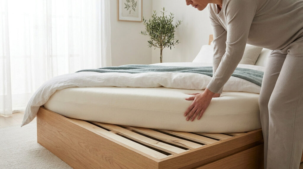 Une personne vérifie l'état de son matelas posé sur un sommier à lattes en bois dans une chambre lumineuse.