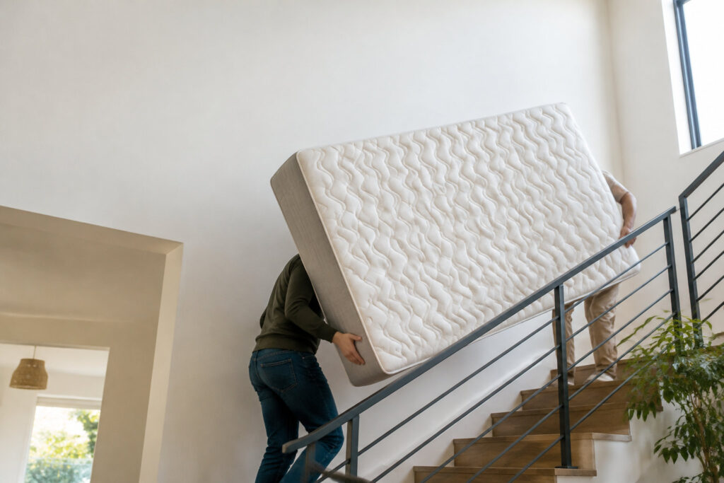 Deux personnes portent un grand matelas blanc pour le monter à l'étage par un escalier en bois.