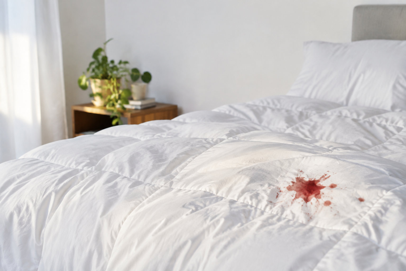 Une couette blanche propre avec une tache de sang visible au premier plan, dans une chambre lumineuse et bien rangée.