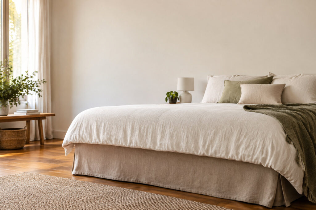 Lit double avec un cache-sommier en lin beige dans une chambre lumineuse et minimaliste aux tons naturels.