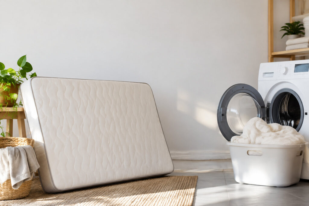 Un matelas blanc posé sur un tapis près d'une machine à laver et un panier de linge dans une buanderie lumineuse.