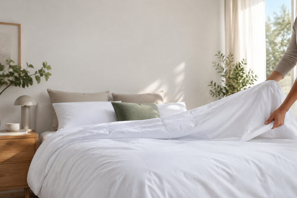 Mains installant une housse de protection blanche sur une couette dans une chambre lumineuse et minimaliste.