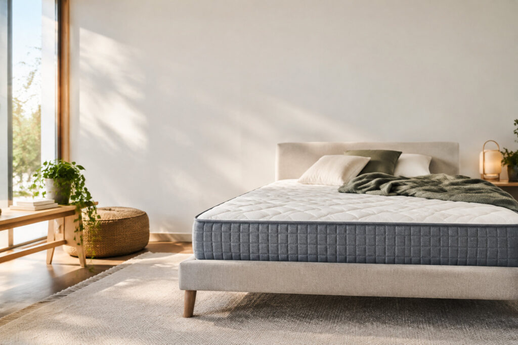 Un matelas ferme sur un sommier moderne dans une chambre lumineuse et minimaliste avec des plantes et des tons neutres.