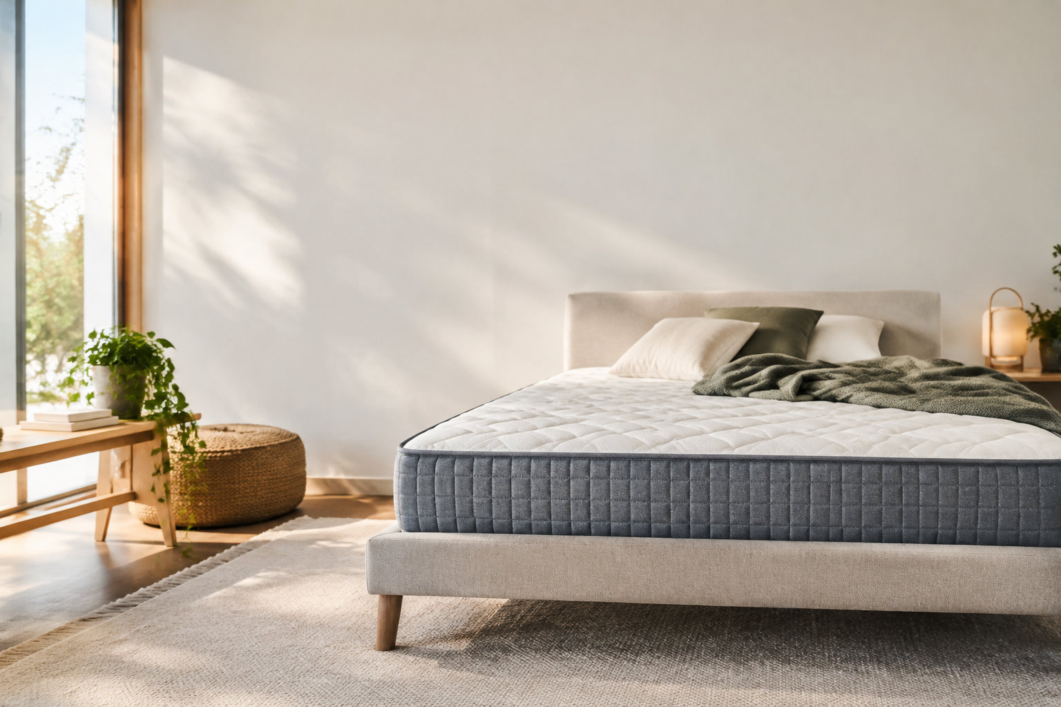 Un matelas ferme sur un sommier moderne dans une chambre lumineuse et minimaliste avec des plantes et des tons neutres.