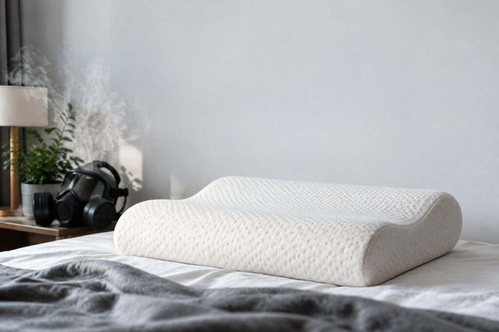 Oreiller orthopédique en mousse sur un lit, avec un masque à gaz fumant en arrière-plan suggérant la toxicité.