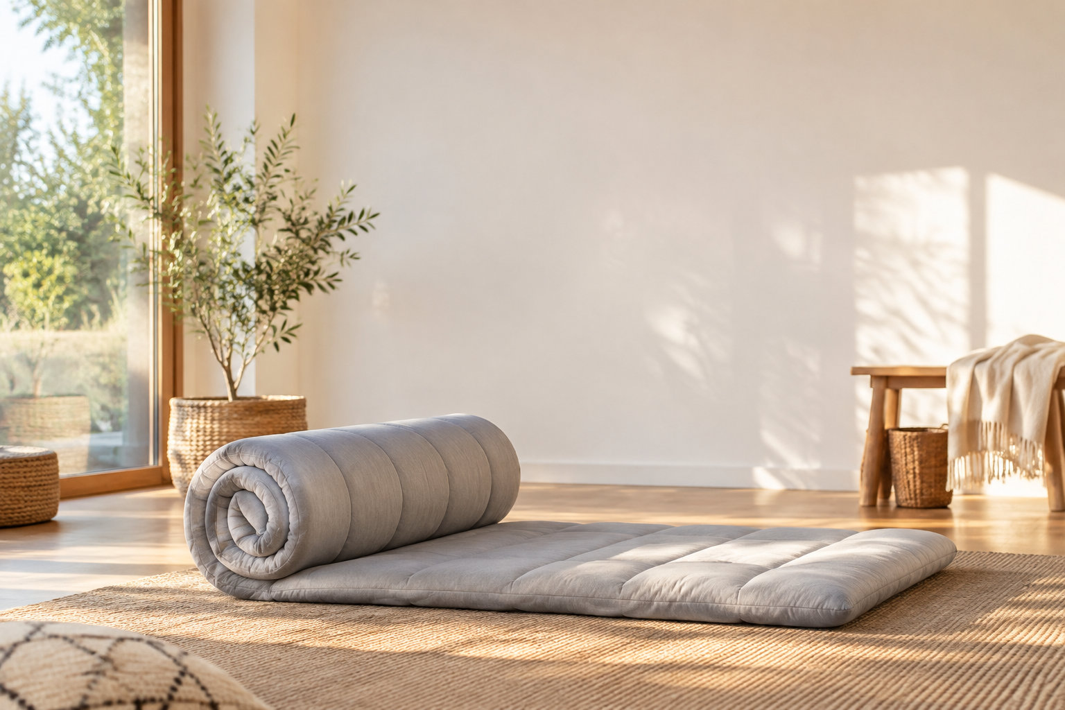 Un matelas d’appoint gris partiellement roulé posé sur un tapis en fibres naturelles dans une pièce ensoleillée.