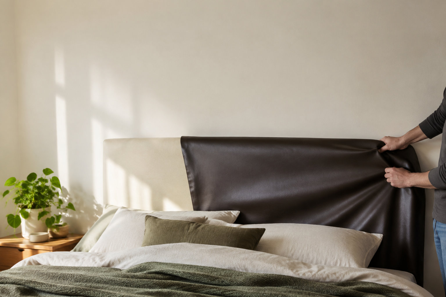 Une personne pose une housse en simili cuir marron sur une tête de lit beige dans une chambre lumineuse.