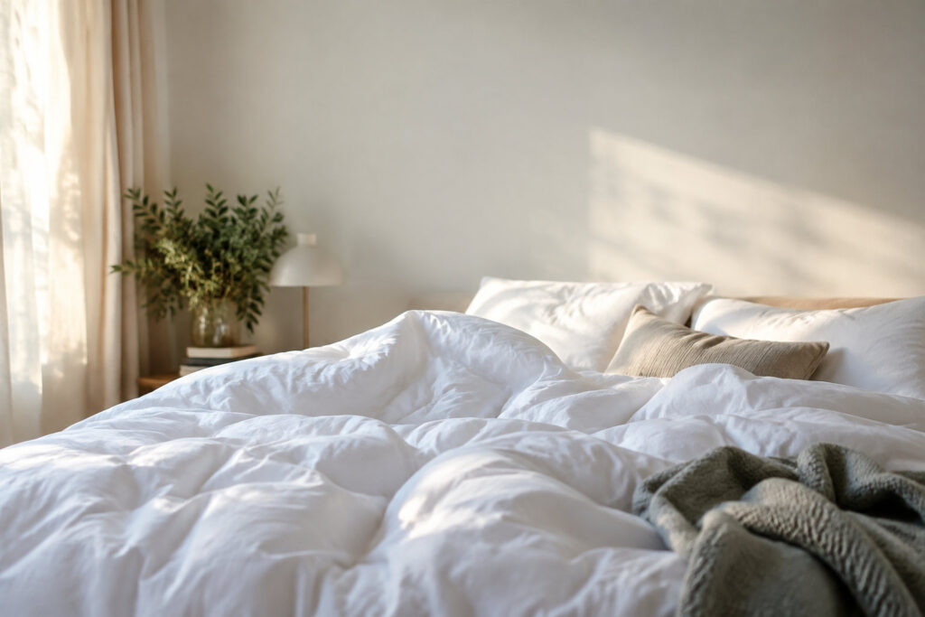 Un lit douillet aux draps blancs lumineux dans une chambre baignée par la lumière du soleil.