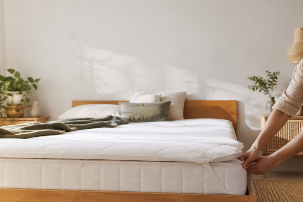 Mains installant un surmatelas blanc sur un lit dans une chambre lumineuse et décorée dans un style naturel.