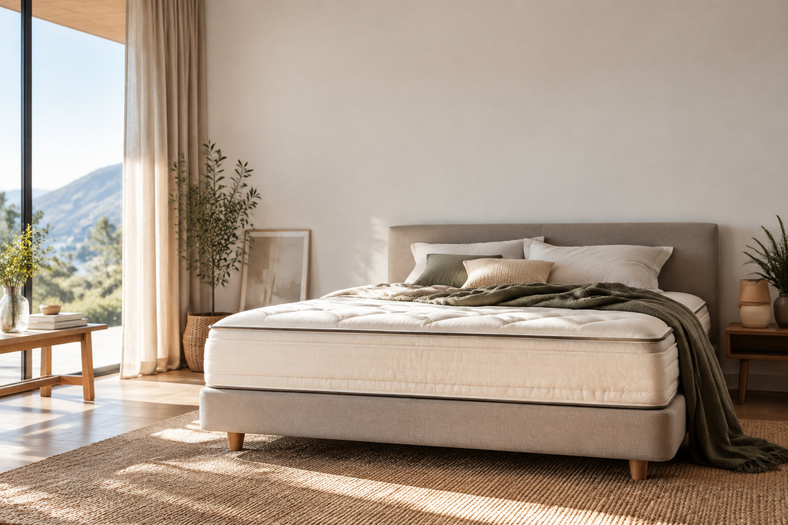 Un matelas confortable 140x190 dans une chambre lumineuse et moderne avec une vue sur les montagnes.