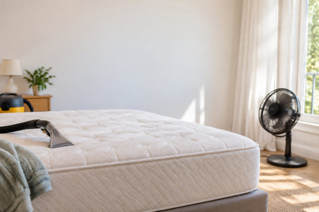Un matelas blanc propre avec un embout de nettoyeur vapeur et un ventilateur noir dans une chambre lumineuse.