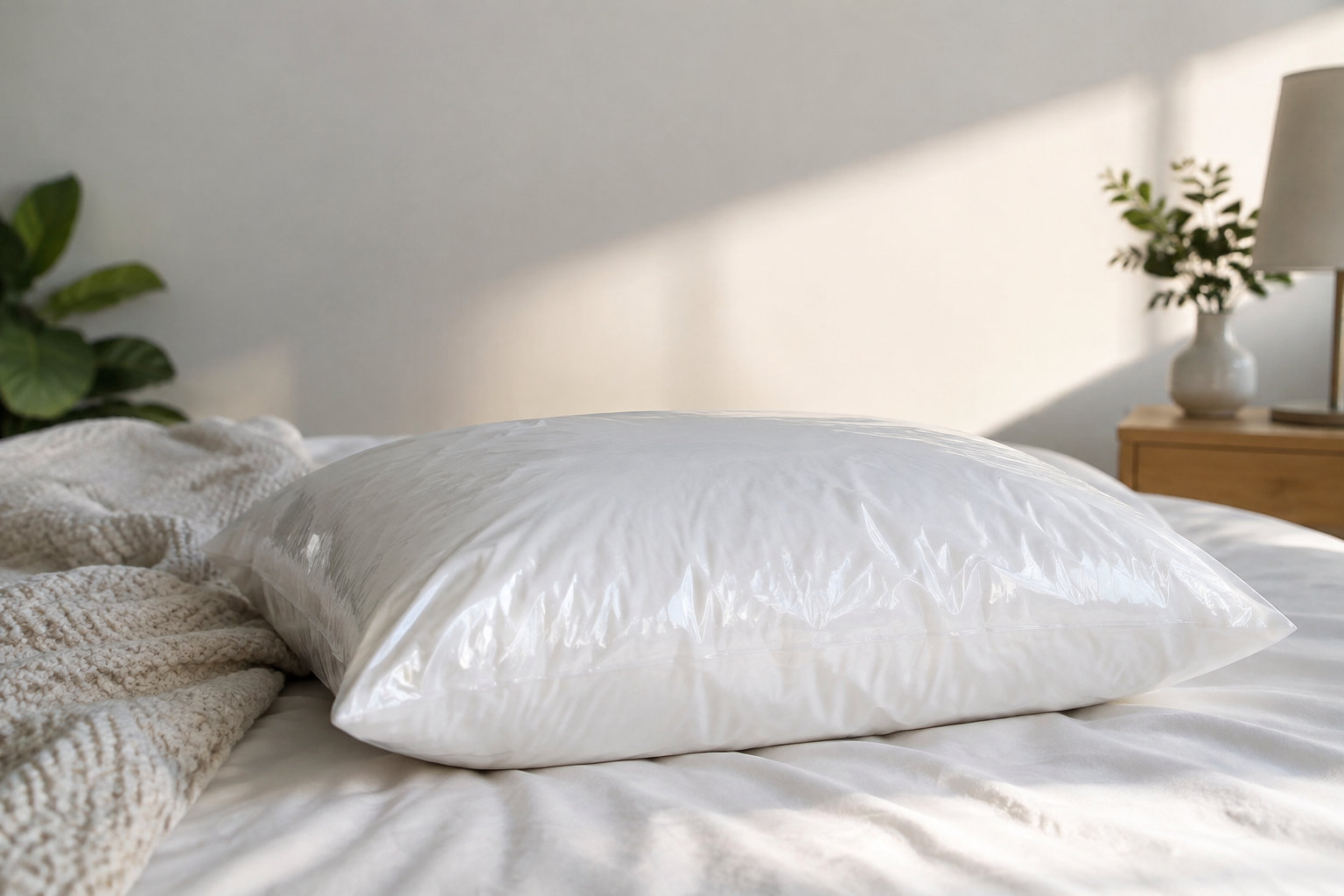 Un oreiller blanc protégé par une housse en plastique transparent, posé sur un lit dans une chambre lumineuse.