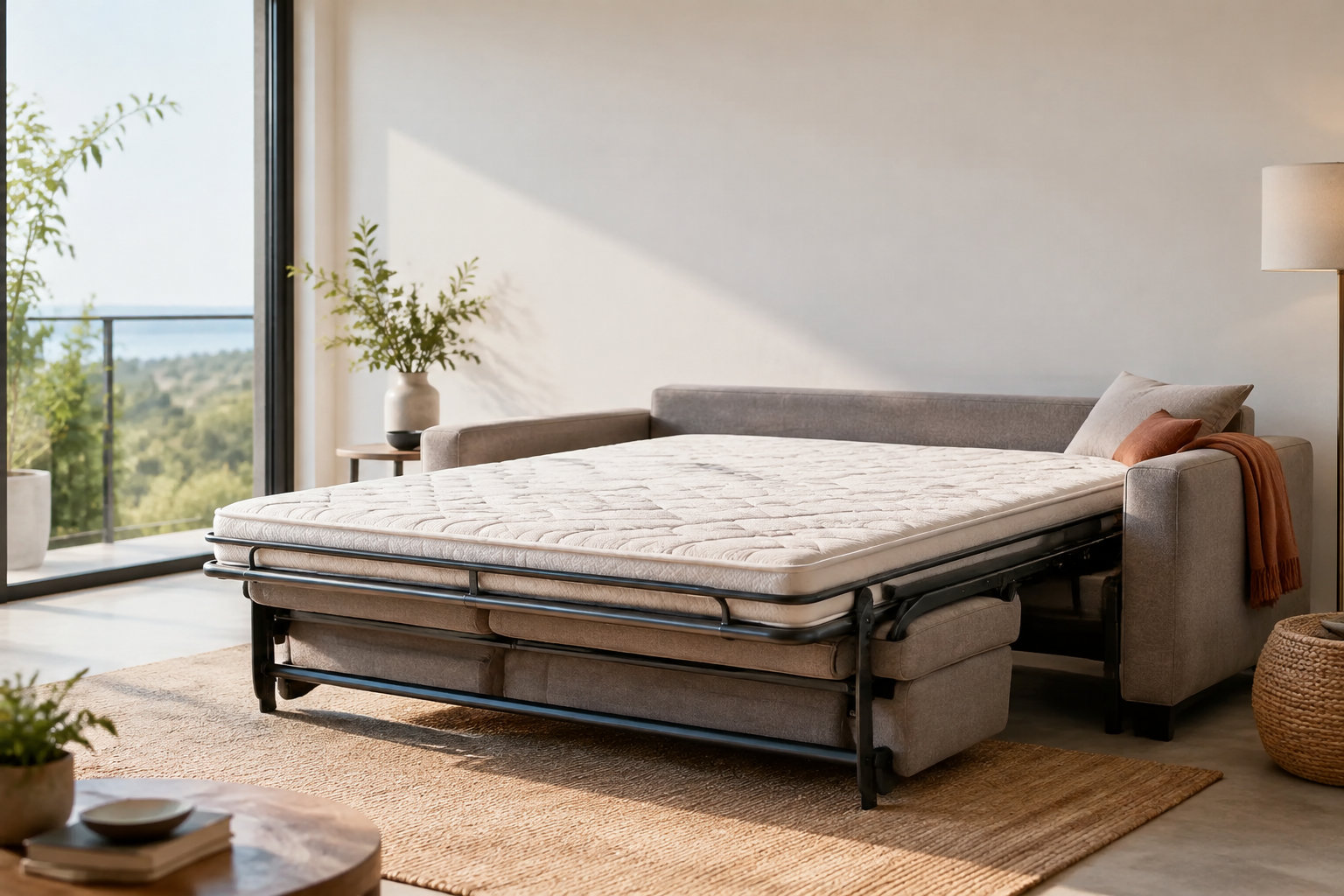 Canapé gris convertible ouvert avec matelas blanc épais dans un salon lumineux au style moderne et épuré.