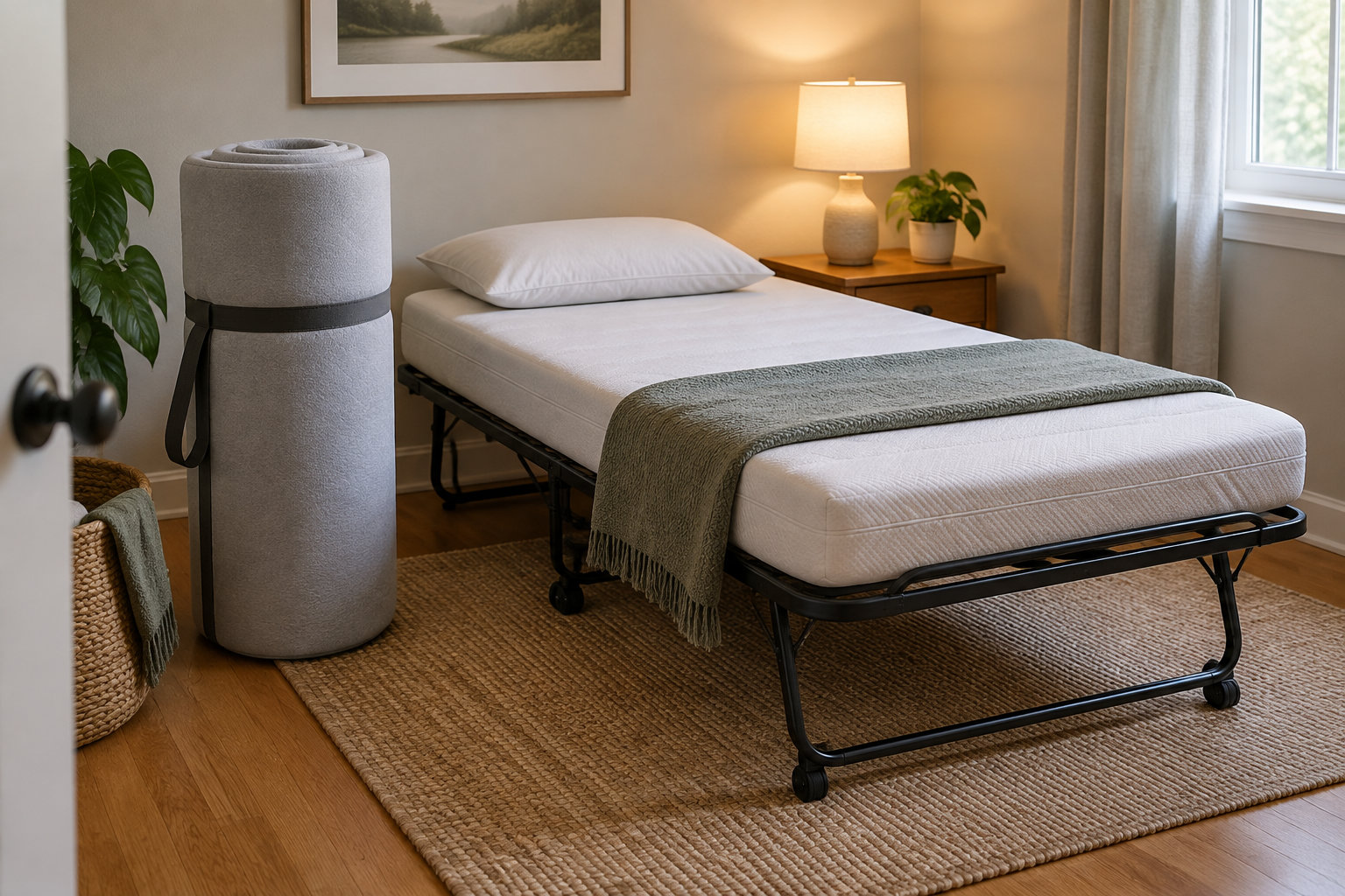 Un lit pliant avec un matelas blanc et un plaid gris est installé dans une chambre meublée et éclairée par une lampe de chevet.