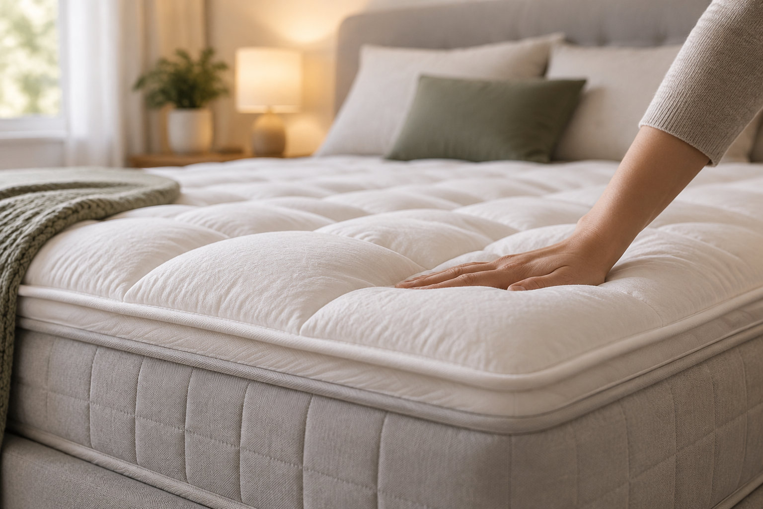 Une main appuie sur un matelas blanc dans une chambre lumineuse, avec des oreillers et une lampe de chevet en arrière-plan.