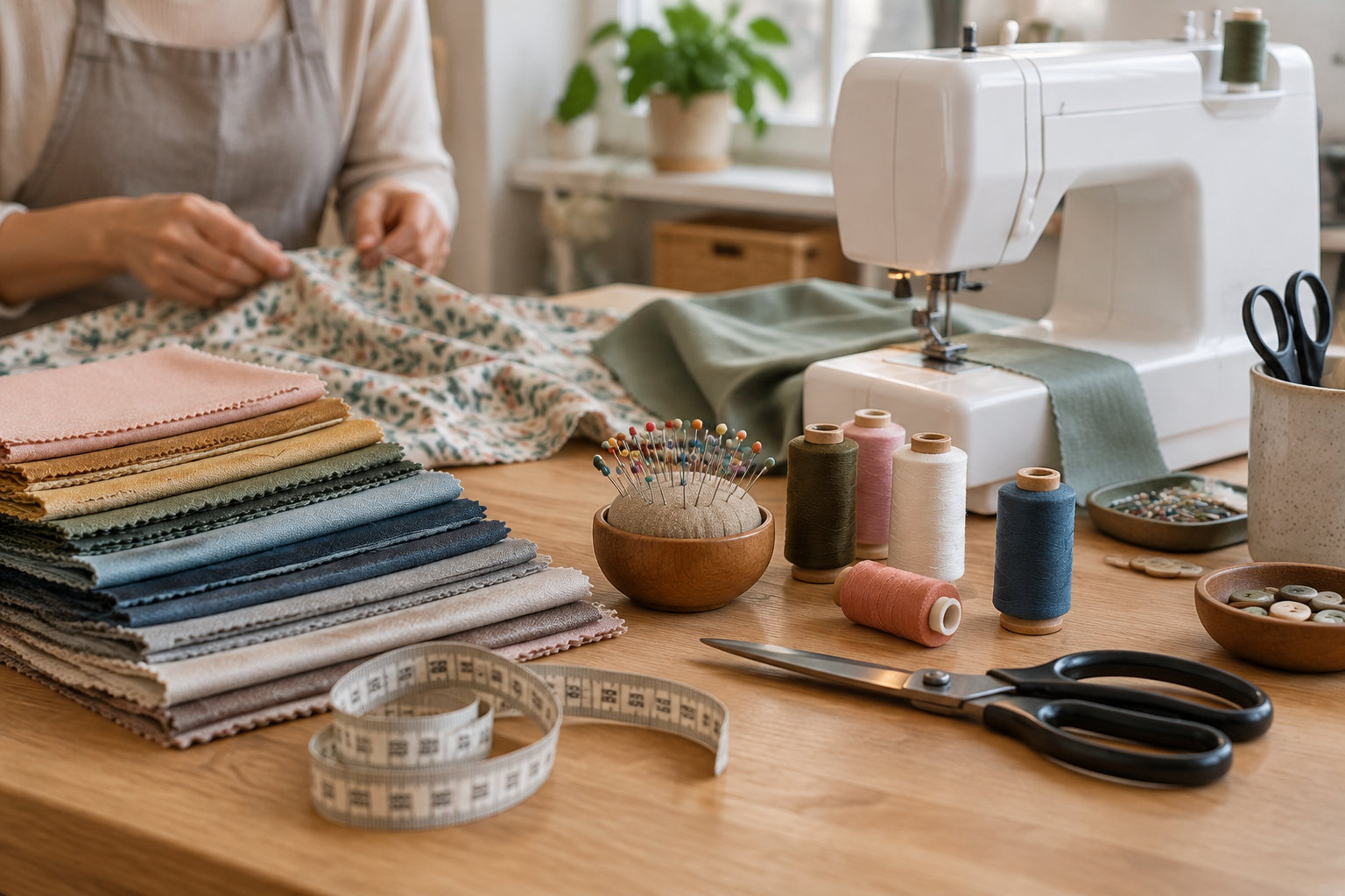 Une personne coud du tissu à motifs sur une machine à coudre, entourée de coupons de tissu, de bobines de fil, d’épingles, de ciseaux et d’un mètre ruban.