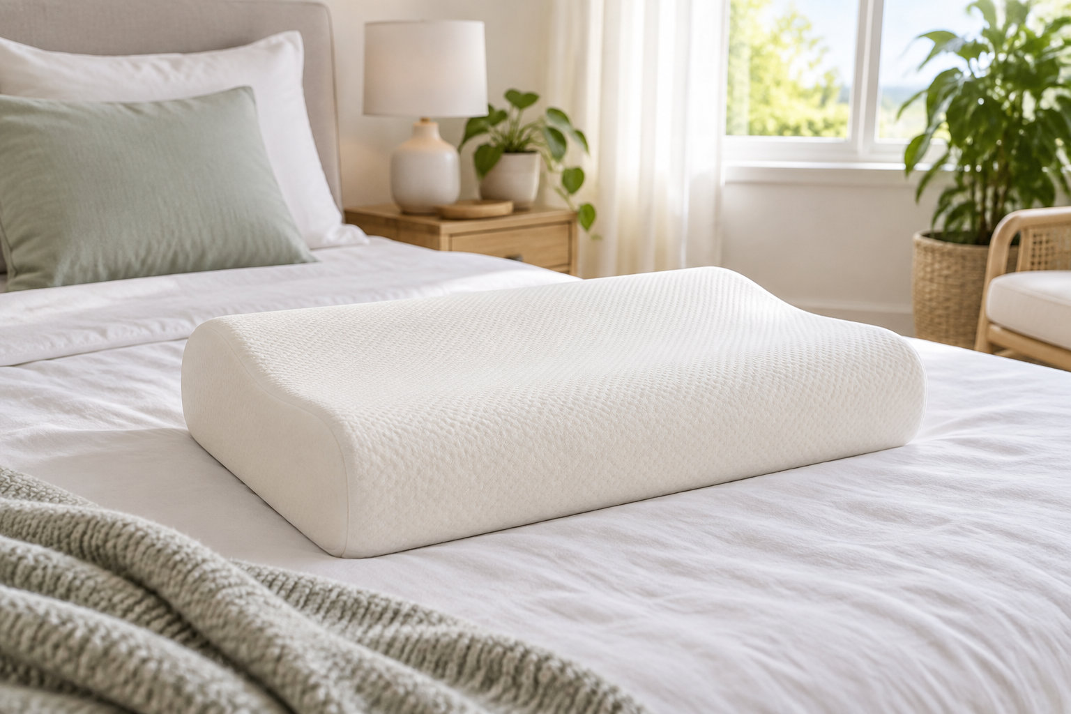 Un oreiller ergonomique blanc est posé sur un lit dans une chambre lumineuse, près d’une couverture, d’une table de chevet et de plantes.