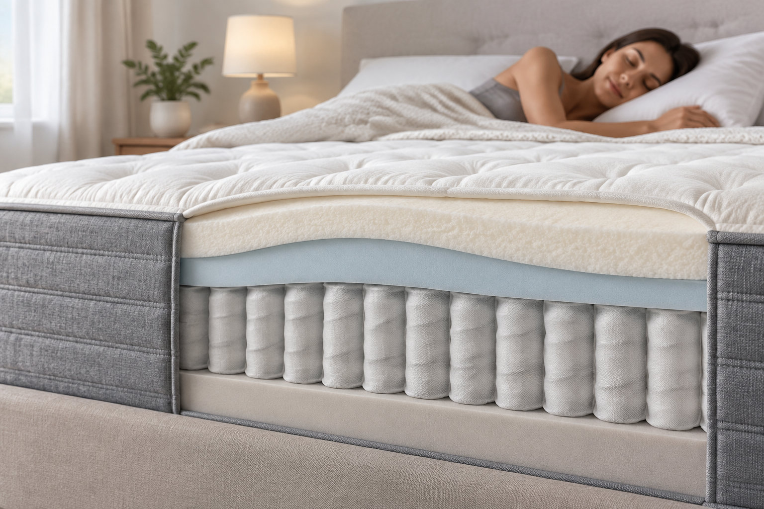 Une femme dort sur un lit dont la coupe révèle plusieurs couches de matelas et des ressorts ensachés.