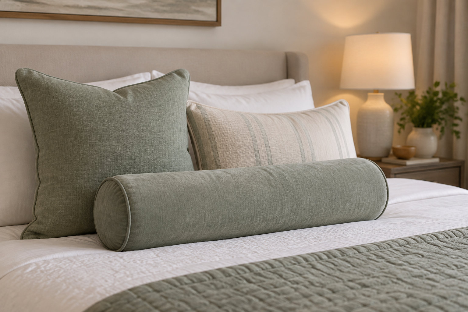 Un lit aux draps blancs est garni de coussins verts et beiges, avec une lampe allumée et une plante sur la table de chevet.