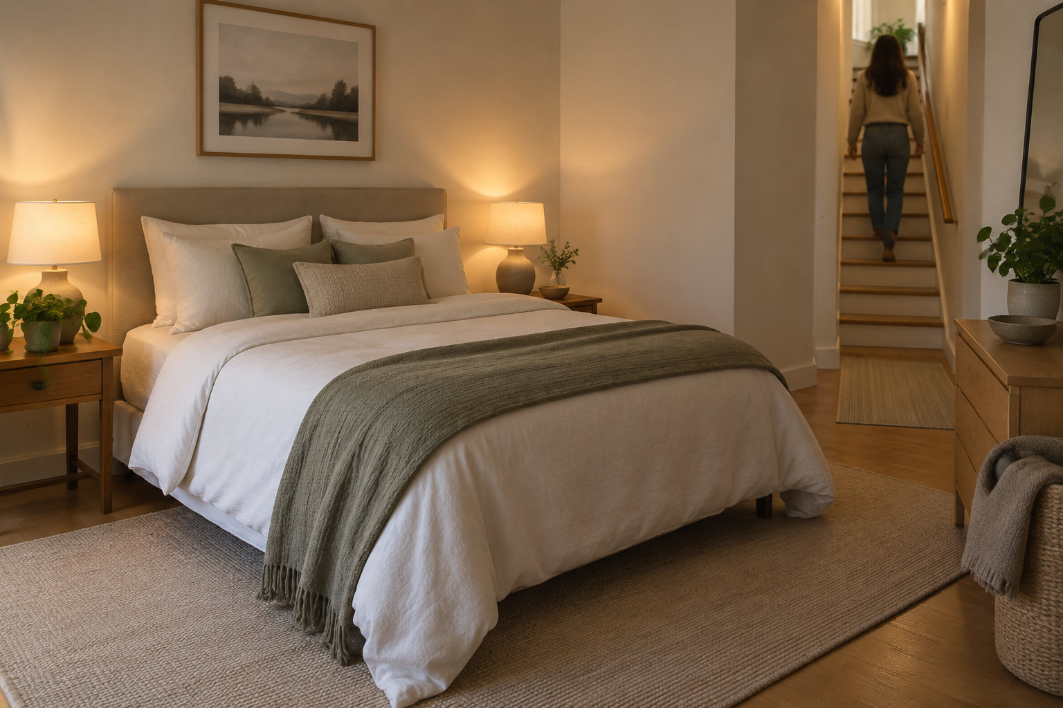 Une chambre chaleureuse avec un grand lit aux draps blancs, des lampes allumées et une femme qui monte l’escalier au fond.
