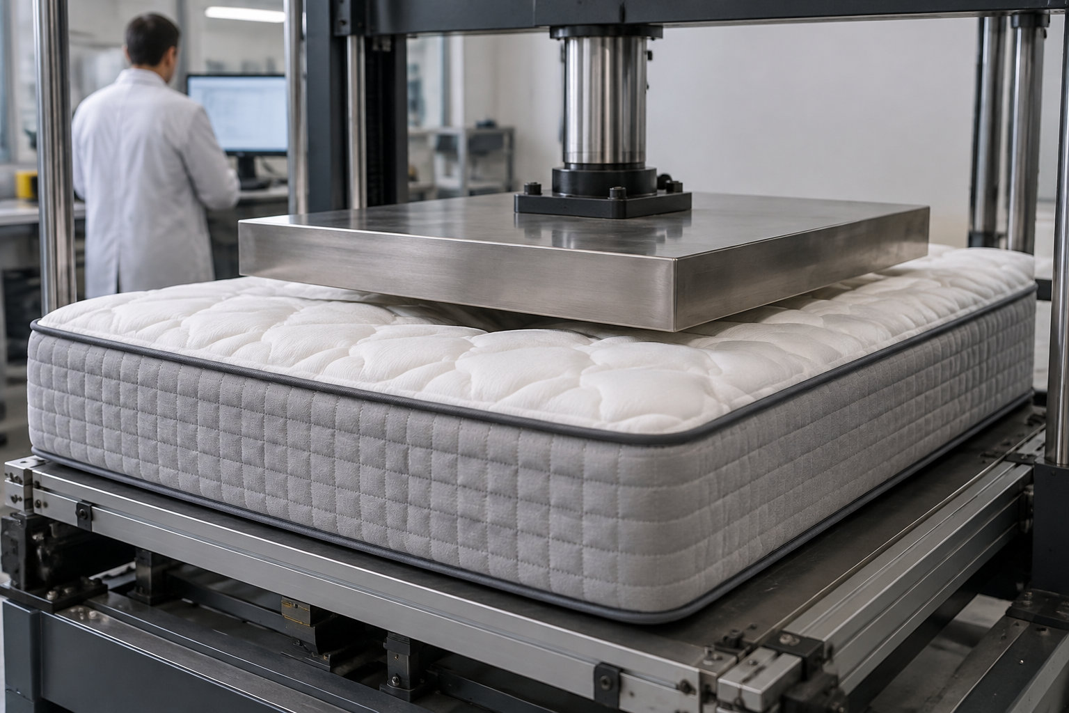 Un matelas blanc est comprimé par une presse industrielle dans un atelier, tandis qu’une personne en blouse se tient devant un écran à l’arrière-plan.