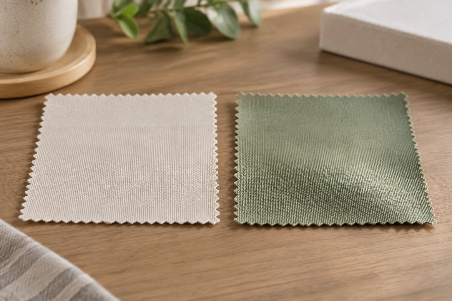 Deux échantillons de tissu, l’un écru et l’autre vert sauge, sont posés sur une table en bois, près d’une plante en pot et d’un livre.