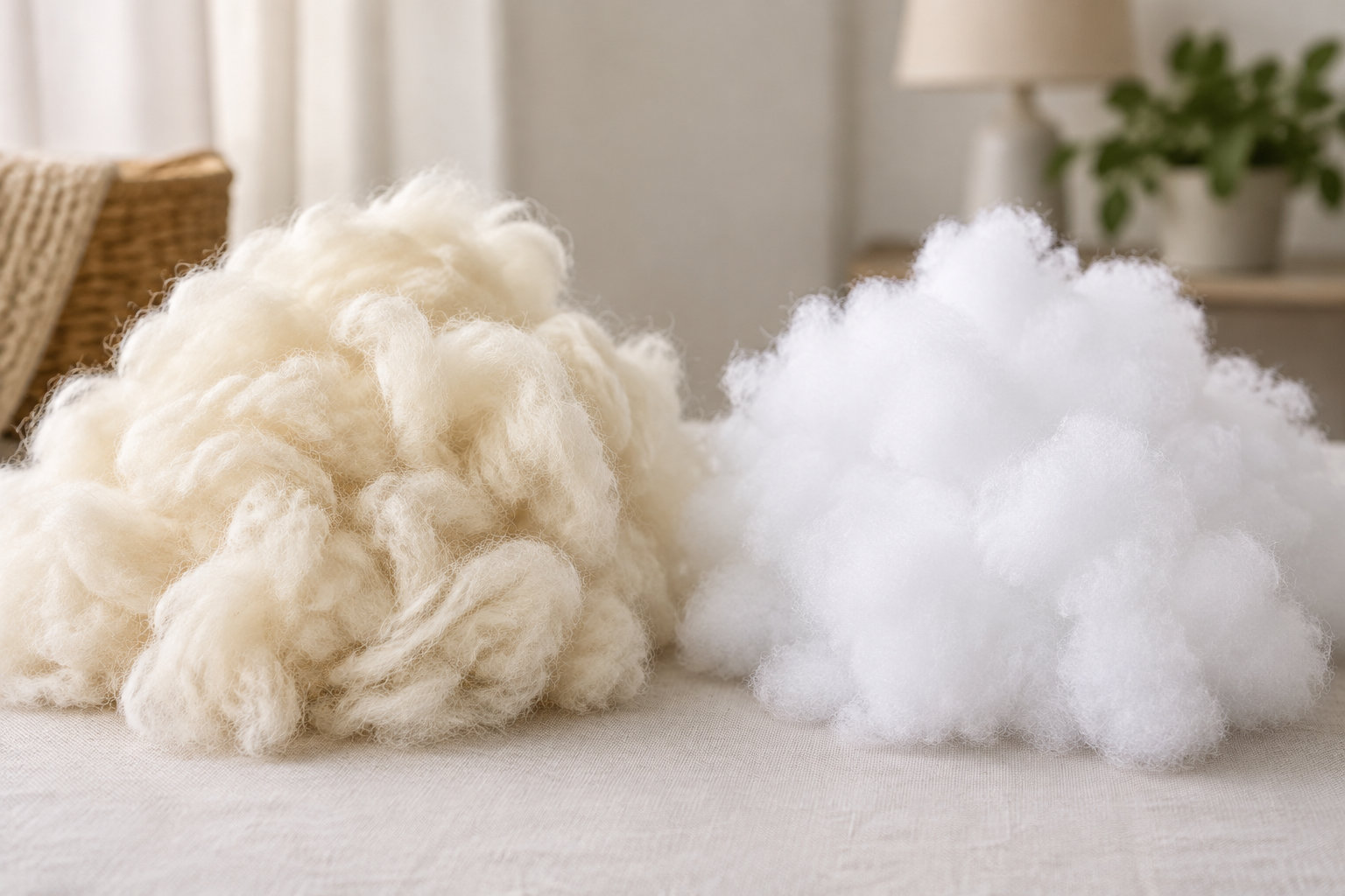 Deux tas de fibres, l’un beige et l’autre blanc, sont posés sur un tissu dans une pièce claire.