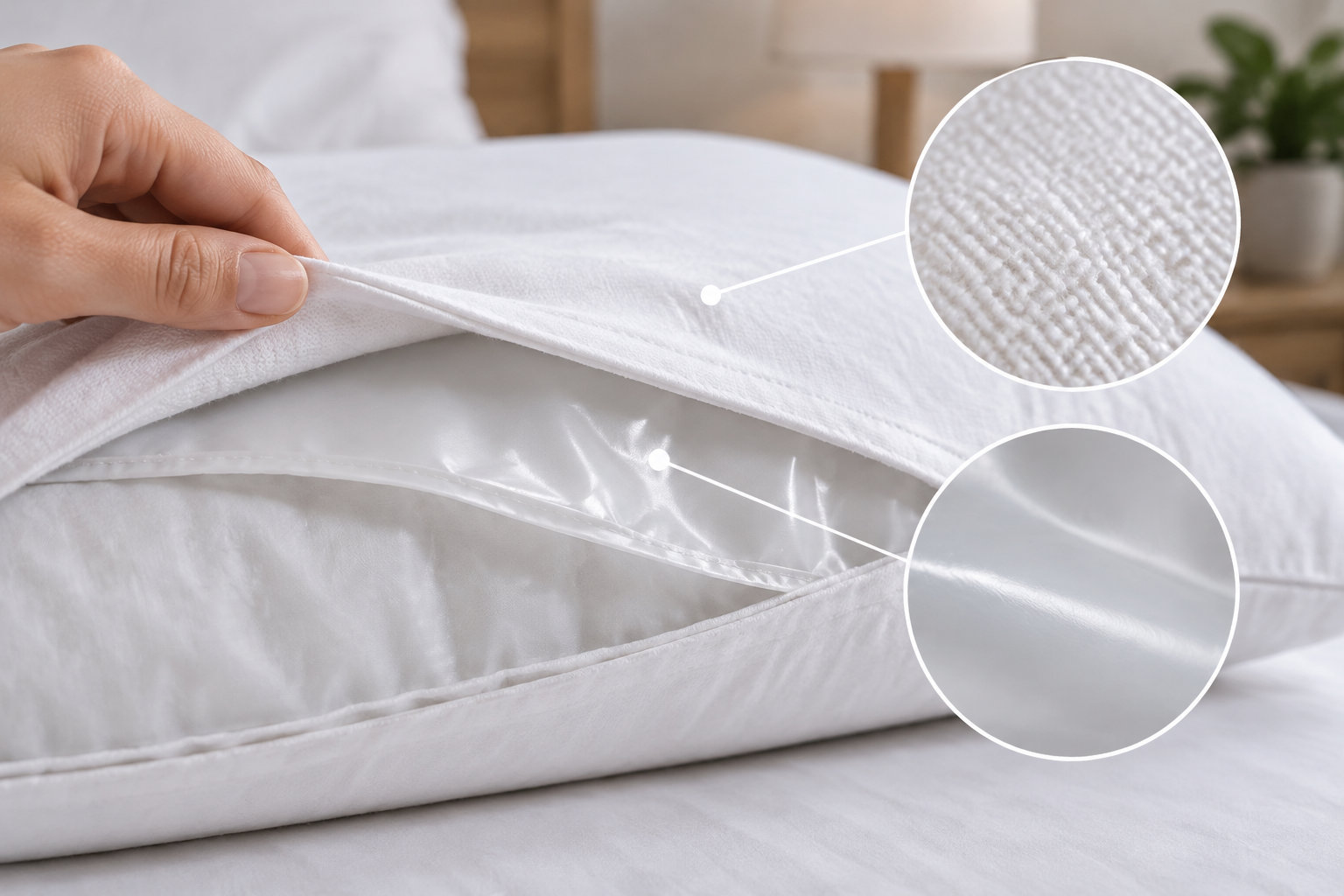 Une main soulève une housse blanche pour montrer sa doublure et les textures du tissu, agrandies dans deux cercles.