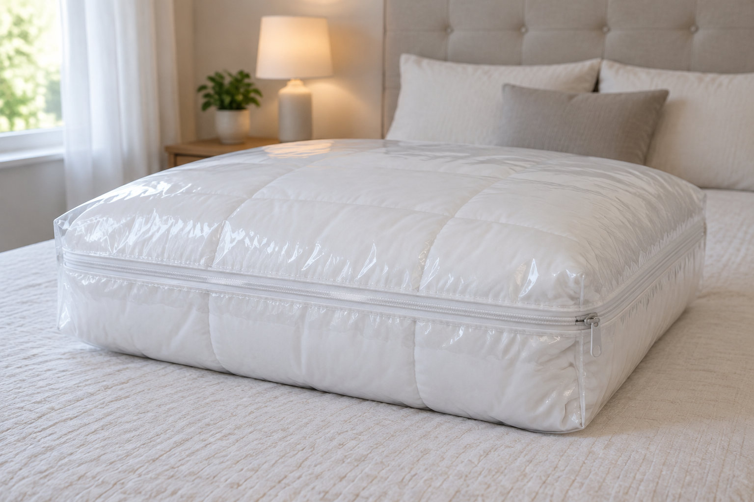 Un grand édredon blanc dans une housse de rangement transparente zippée est posé sur un lit, dans une chambre éclairée par une lampe de chevet.