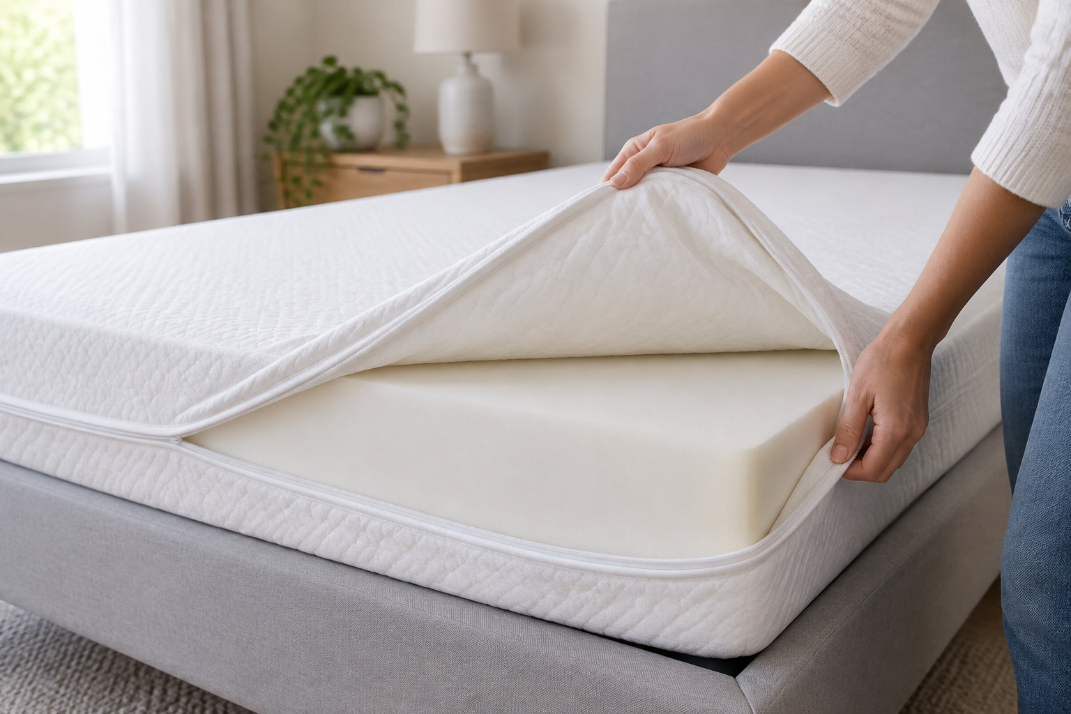 Une personne soulève la housse d’un matelas pour en montrer la couche intérieure en mousse.