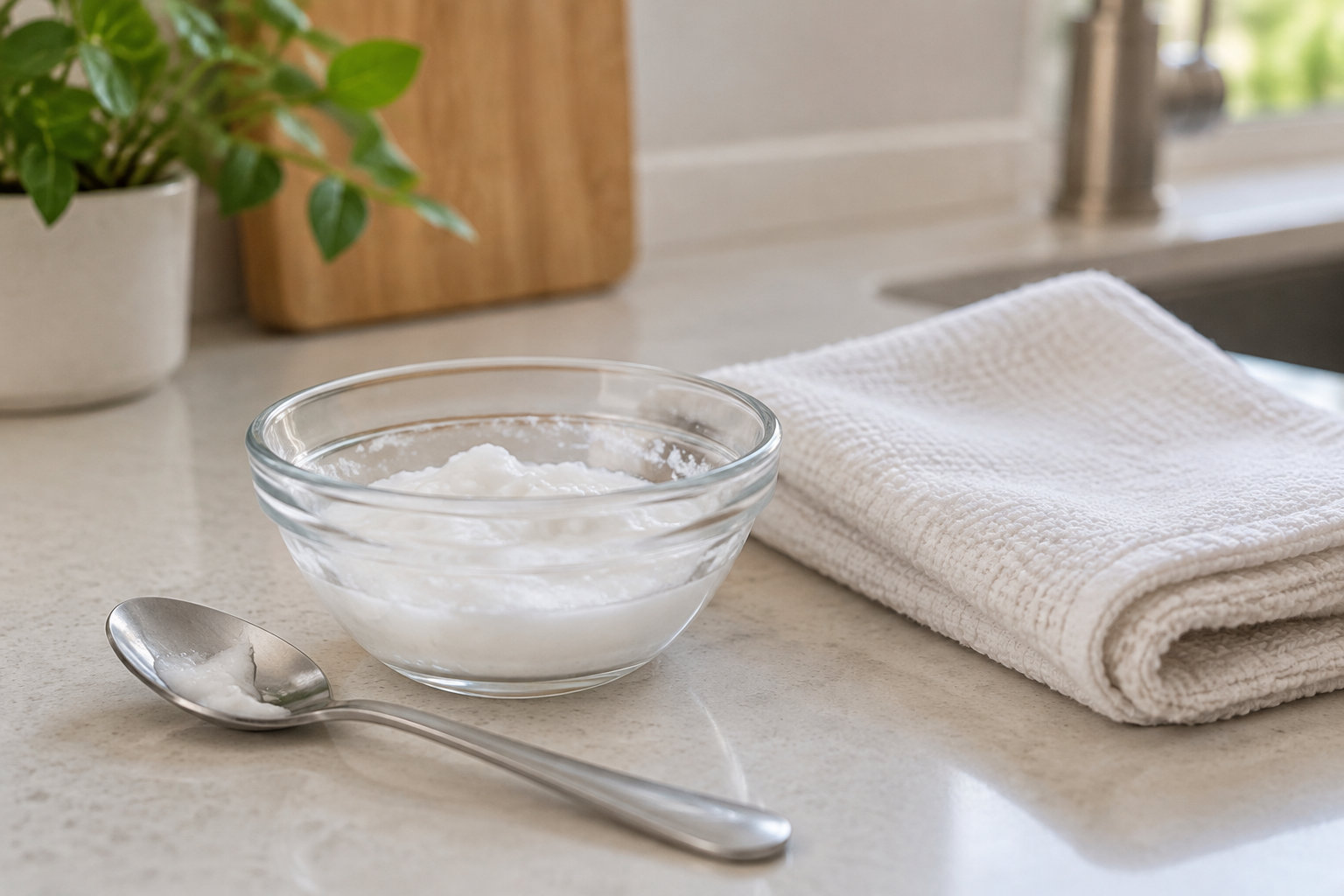 Un bol en verre contenant une crème blanche est posé sur un comptoir, à côté d’une cuillère et d’une serviette pliée.