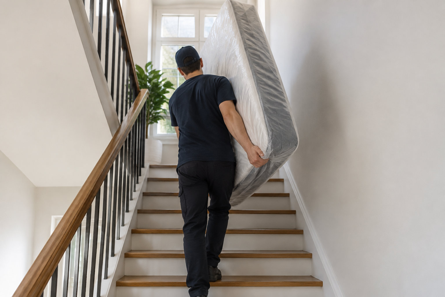 Un homme monte un escalier en portant un matelas emballé dans du plastique.