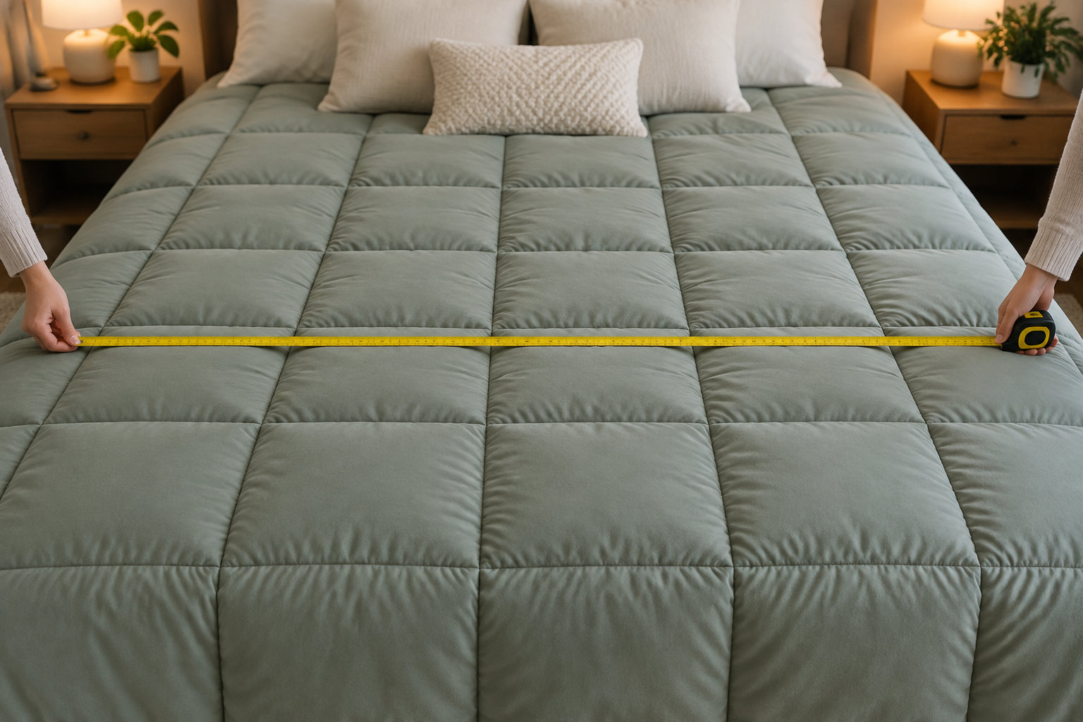 Deux mains tiennent un mètre ruban jaune en travers d’un lit recouvert d’une couette matelassée grise, dans une chambre avec des tables de chevet, des lampes et des plantes.