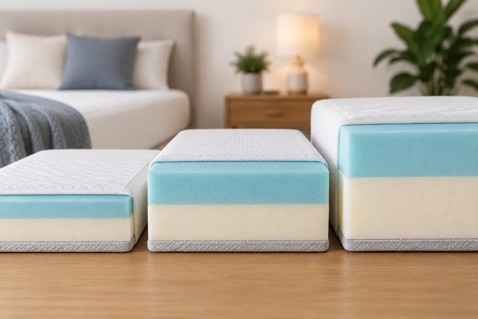 Trois matelas en mousse à couches blanches et bleues sont alignés au premier plan d’une chambre.
