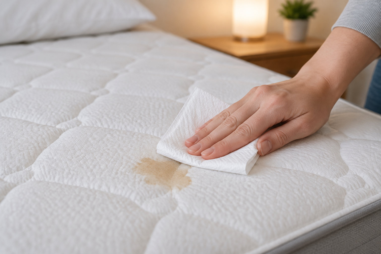 Une main essuie une tache sur un matelas blanc avec un chiffon, dans une chambre éclairée par une lampe de chevet.