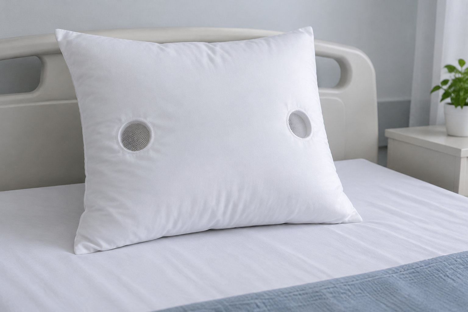 Un oreiller blanc muni de deux ouvertures rondes repose sur un lit dans une chambre claire.