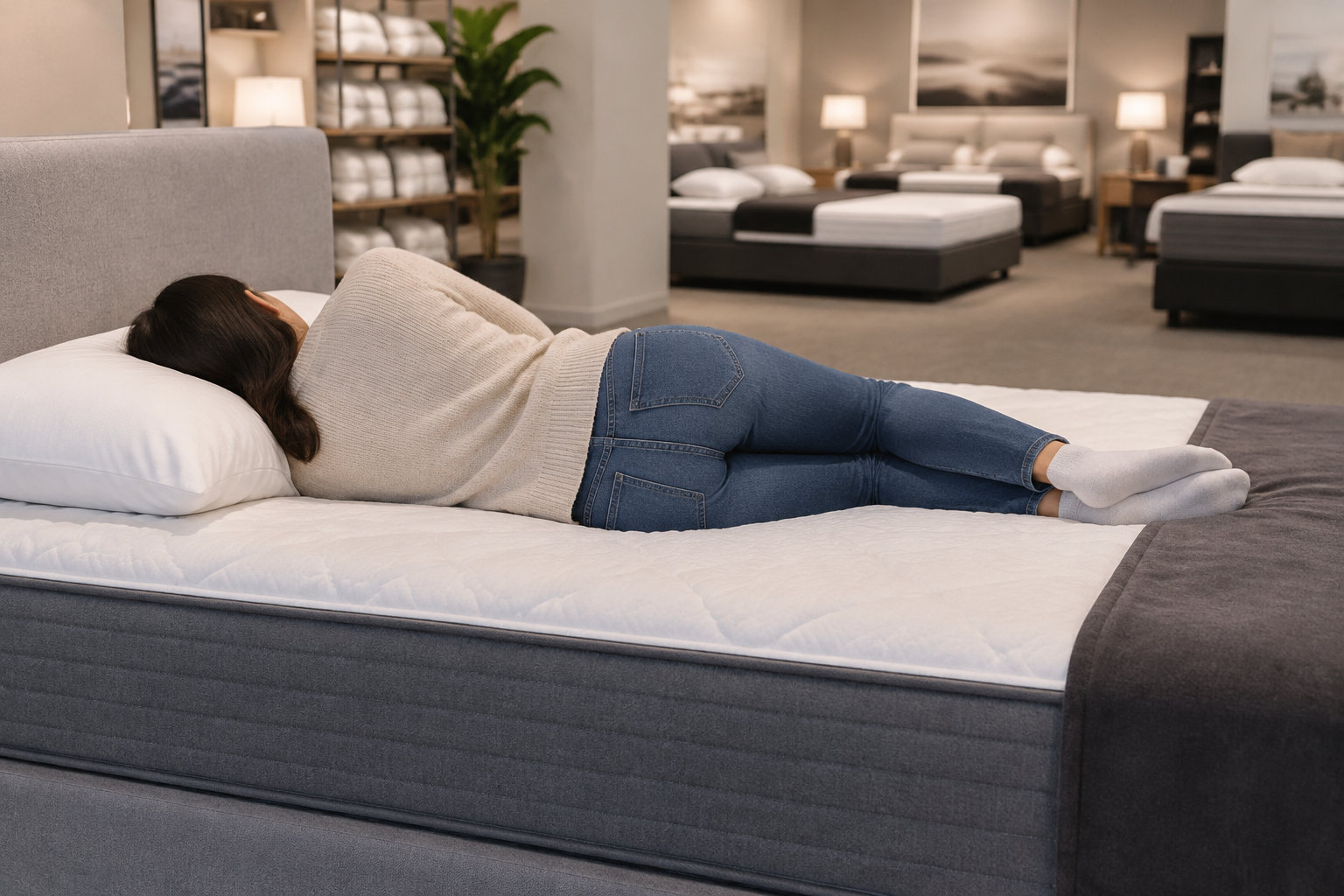 Une femme allongée sur le côté sur un matelas dans un magasin de literie, entourée d’autres lits exposés.