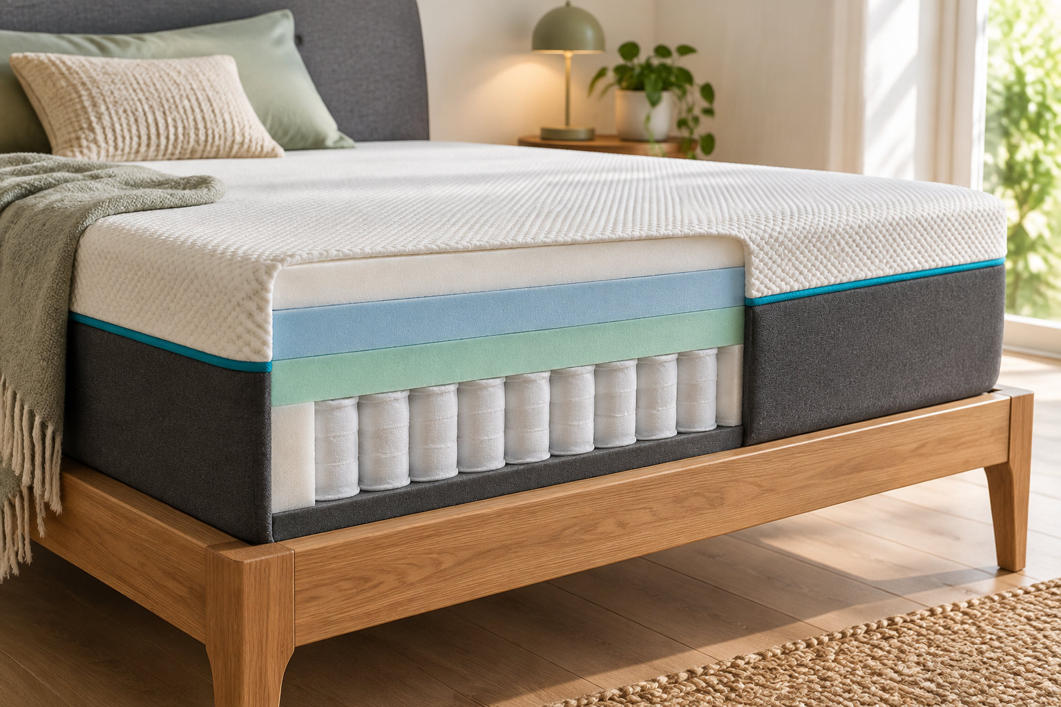 Un matelas à plusieurs couches de mousse et de ressorts est présenté en coupe sur un cadre de lit en bois, dans une chambre lumineuse.