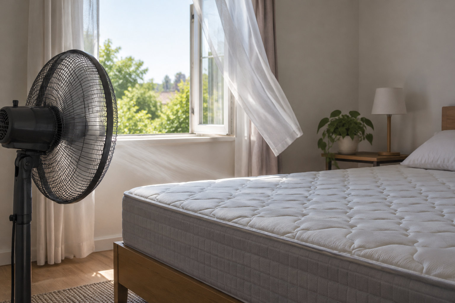 Un ventilateur est placé près d’un lit dans une chambre où une fenêtre ouverte laisse flotter un rideau.