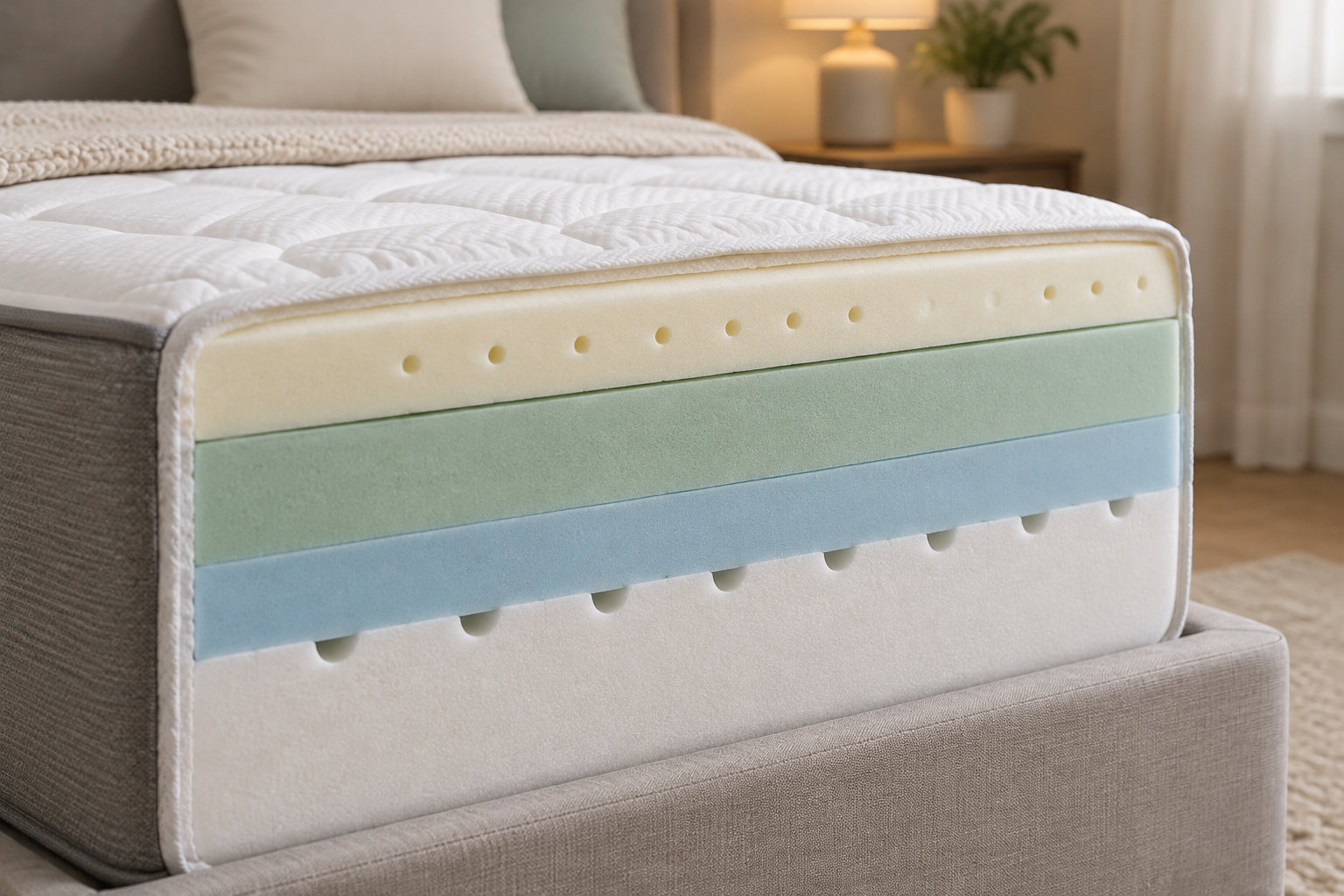 Un matelas présenté en coupe révèle plusieurs couches de mousse colorées dans une chambre.