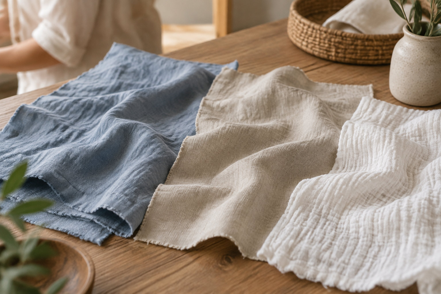 Trois morceaux de tissu bleu, beige et blanc sont disposés sur une table en bois, avec des plantes et un panier en arrière-plan.